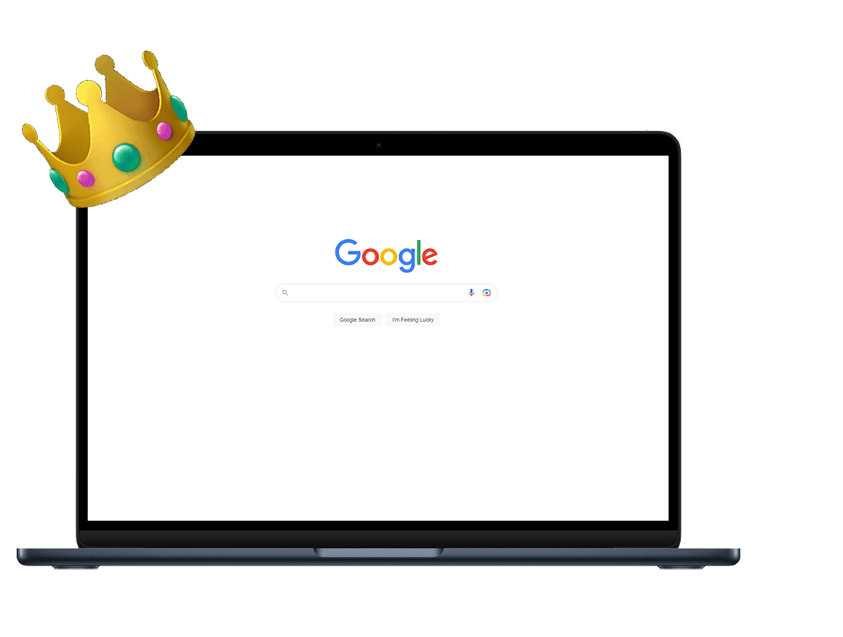 Laptop with Google on the main screen and a Kings crown hanging off the side.